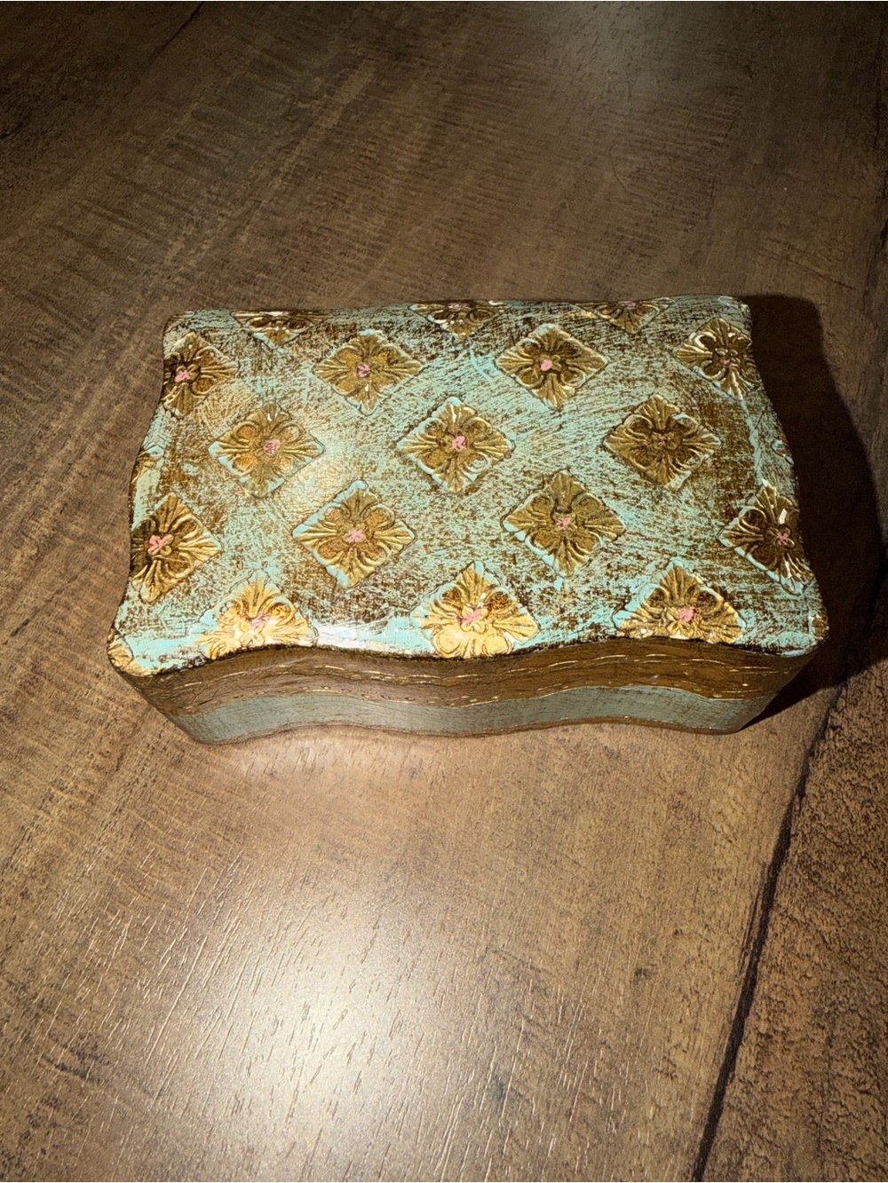Vintage hand painted Decorative Floral Trinket Box in Turquoise and Gold
